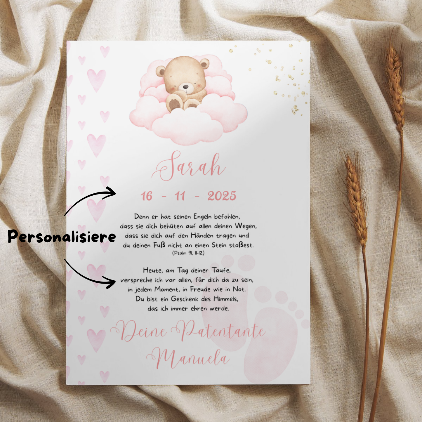 Personalisierter Patenbrief | Geschenk zur Taufe | Tauferinnerung (ohne Rahmen)