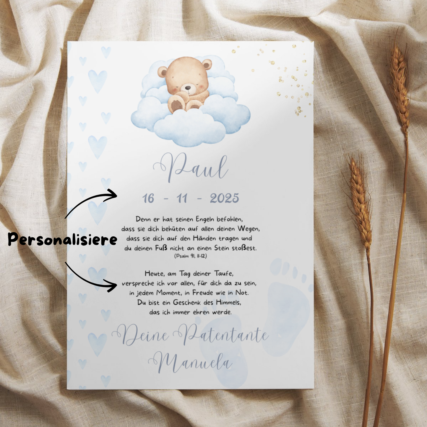 Personalisierter Patenbrief | Geschenk zur Taufe | Tauferinnerung (ohne Rahmen)