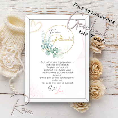 Personalisierter Patenbrief | Geschenk zur Taufe | Tauferinnerung (ohne Rahmen)