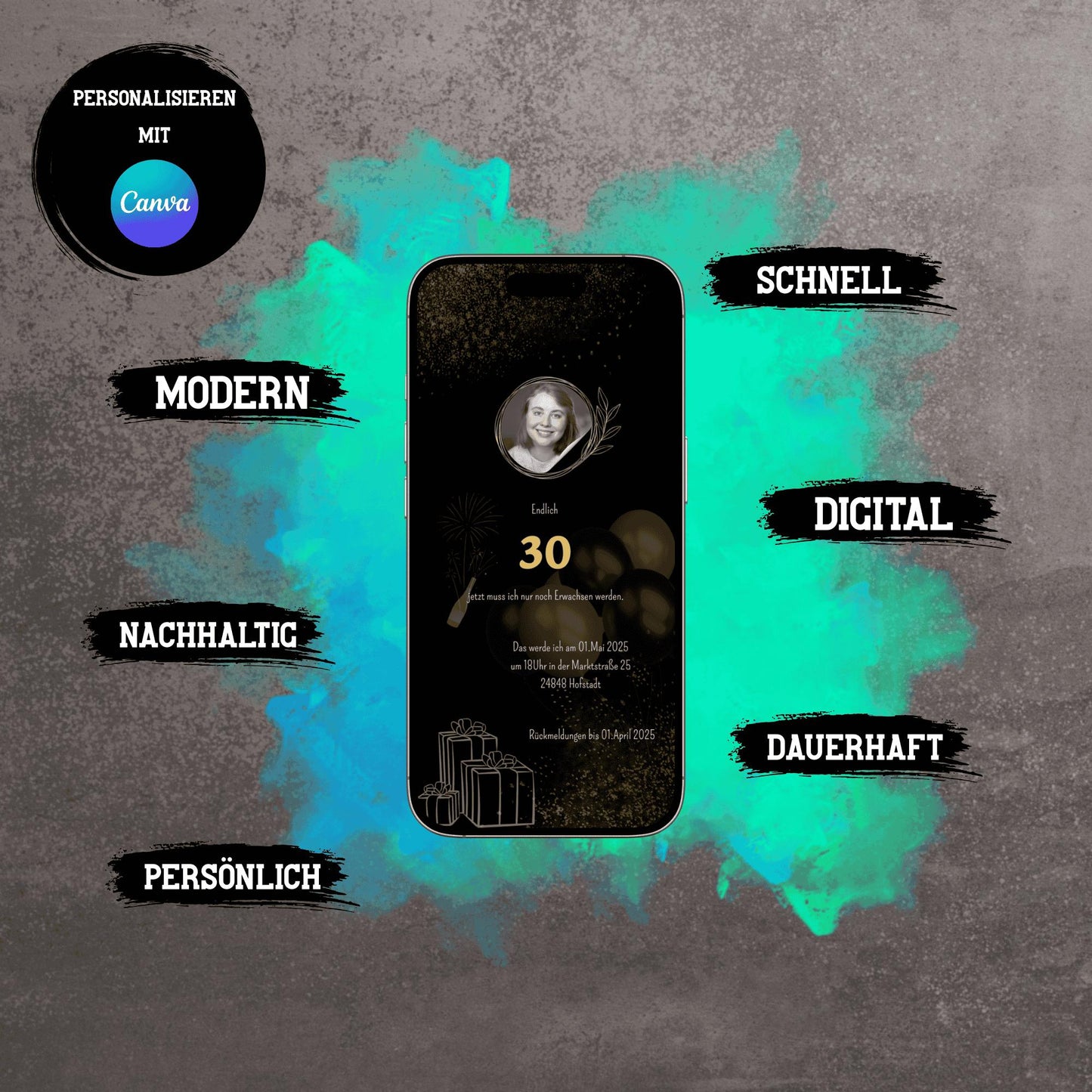 Digitale Einladung zum Geburtstag | Personalisierbare Einladung | Verschicke per E-Mail, WhatsApp, etc.