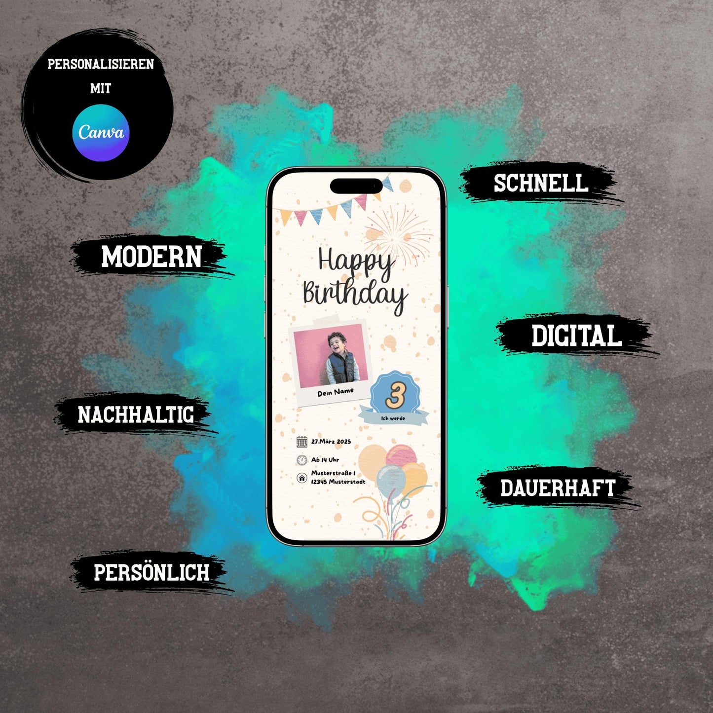 Digitale Einladung zum Kindergeburtstag | Personalisierbare Einladung | Verschicke per E-Mail, WhatsApp, etc.