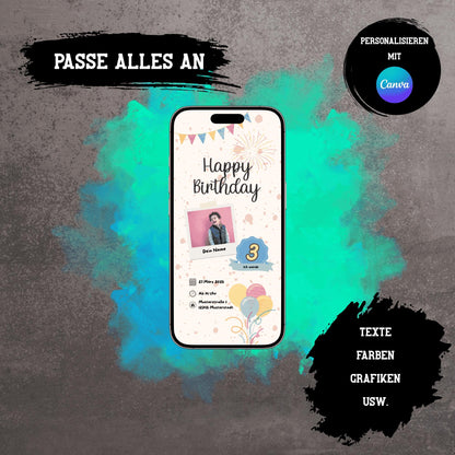 Digitale Einladung zum Kindergeburtstag | Personalisierbare Einladung | Verschicke per E-Mail, WhatsApp, etc.