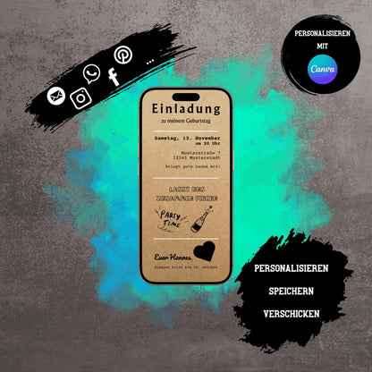 Digitale Einladung zum Geburtstag | Personalisierbare Einladung | Verschicke per E-Mail, WhatsApp, etc.