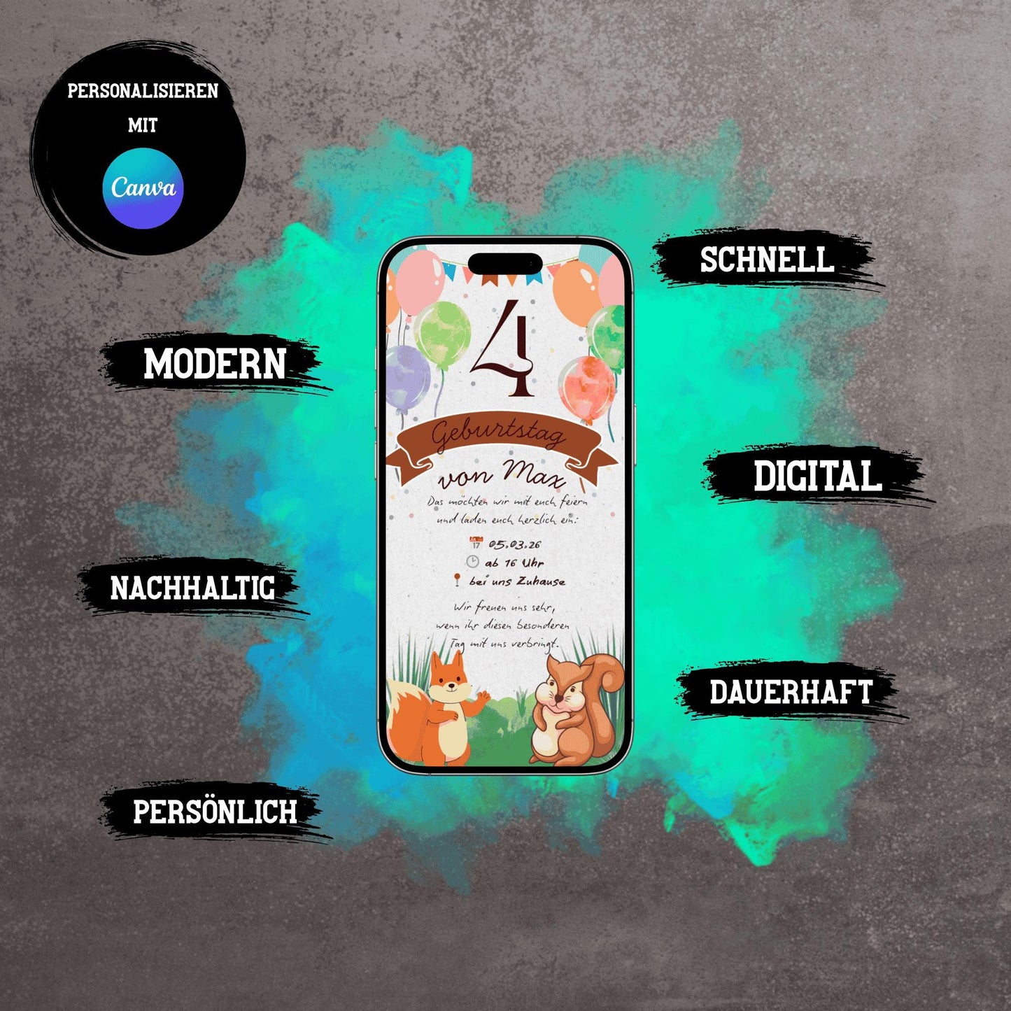 Digitale Einladung zum Kindergeburtstag | Personalisierbare Einladung | Verschicke per E-Mail, WhatsApp, etc.