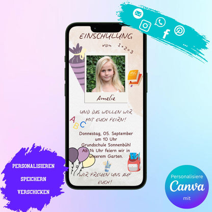 Digitale Einladung zur Einschulung Video | Personalisierbare Einladung | Verschicke per E-Mail, WhatsApp, etc.