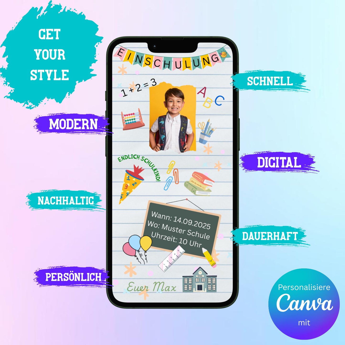Digitale Einladung zur Einschulung Video | Personalisierbare Einladung | Verschicke per E-Mail, WhatsApp, etc.