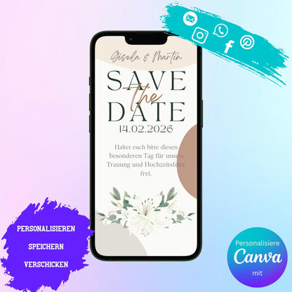Digitale Save-the-date zur Hochzeit | Personalisierbare Einladung | Verschicke per E-Mail, WhatsApp, etc.