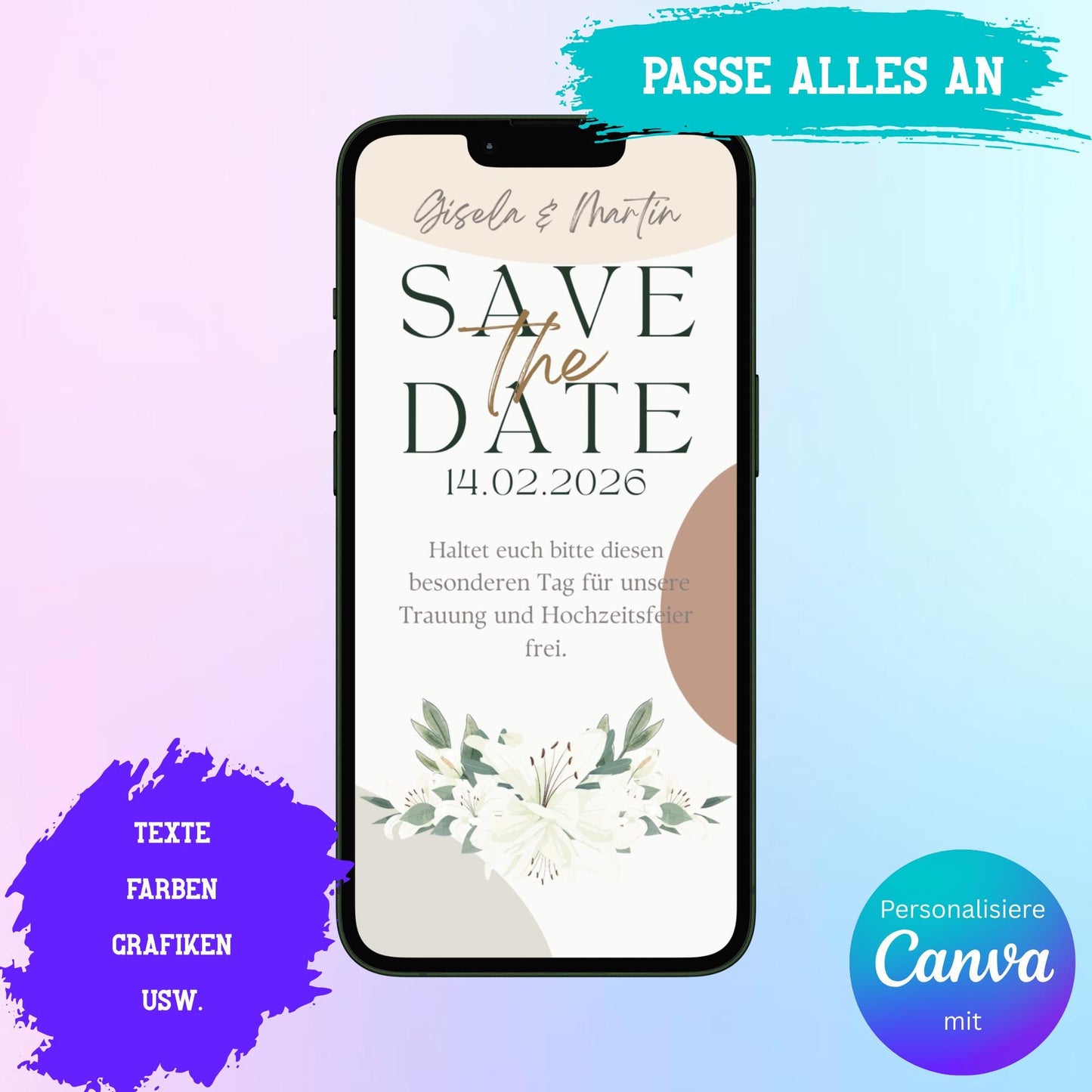 Digitale Save-the-date zur Hochzeit | Personalisierbare Einladung | Verschicke per E-Mail, WhatsApp, etc.