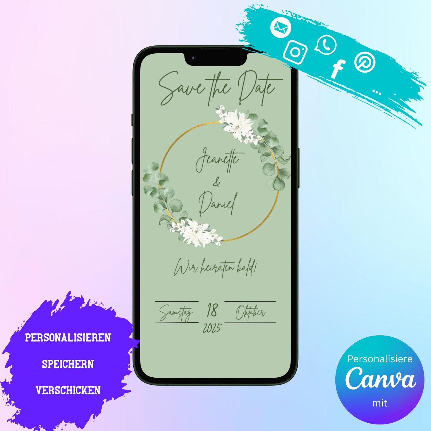 Digitale Save-the-date zur Hochzeit | Personalisierbare Einladung | Verschicke per E-Mail, WhatsApp, etc.