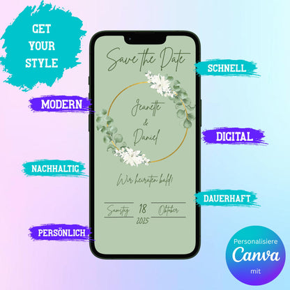 Digitale Save-the-date zur Hochzeit | Personalisierbare Einladung | Verschicke per E-Mail, WhatsApp, etc.