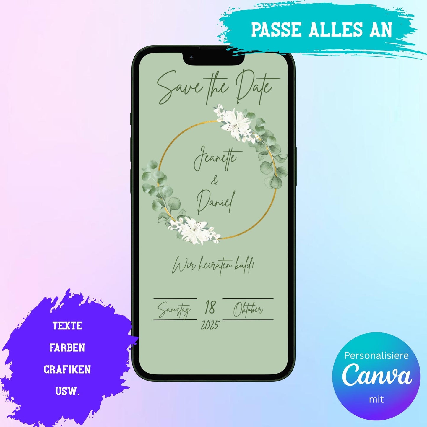 Digitale Save-the-date zur Hochzeit | Personalisierbare Einladung | Verschicke per E-Mail, WhatsApp, etc.