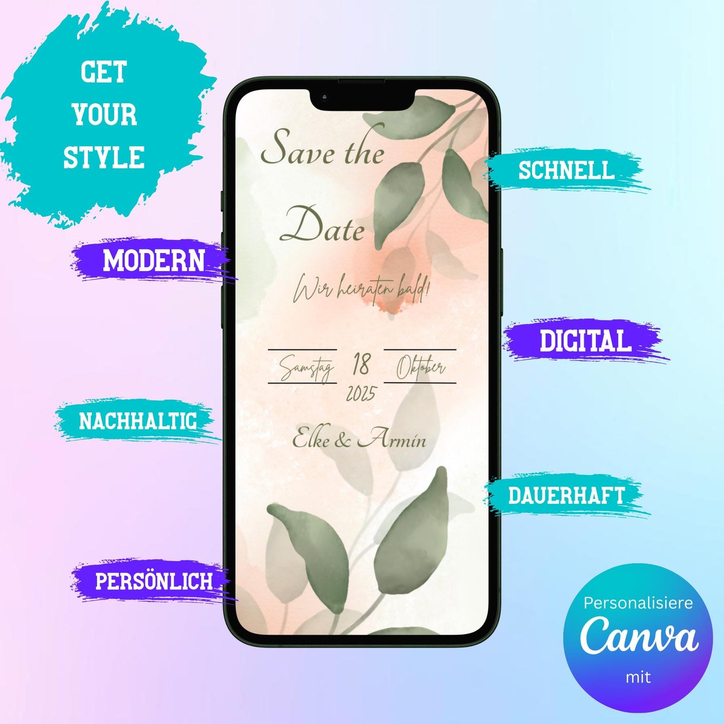 Digitale Save-the-date zur Hochzeit | Personalisierbare Einladung | Verschicke per E-Mail, WhatsApp, etc.