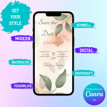 Digitale Save-the-date zur Hochzeit | Personalisierbare Einladung | Verschicke per E-Mail, WhatsApp, etc.