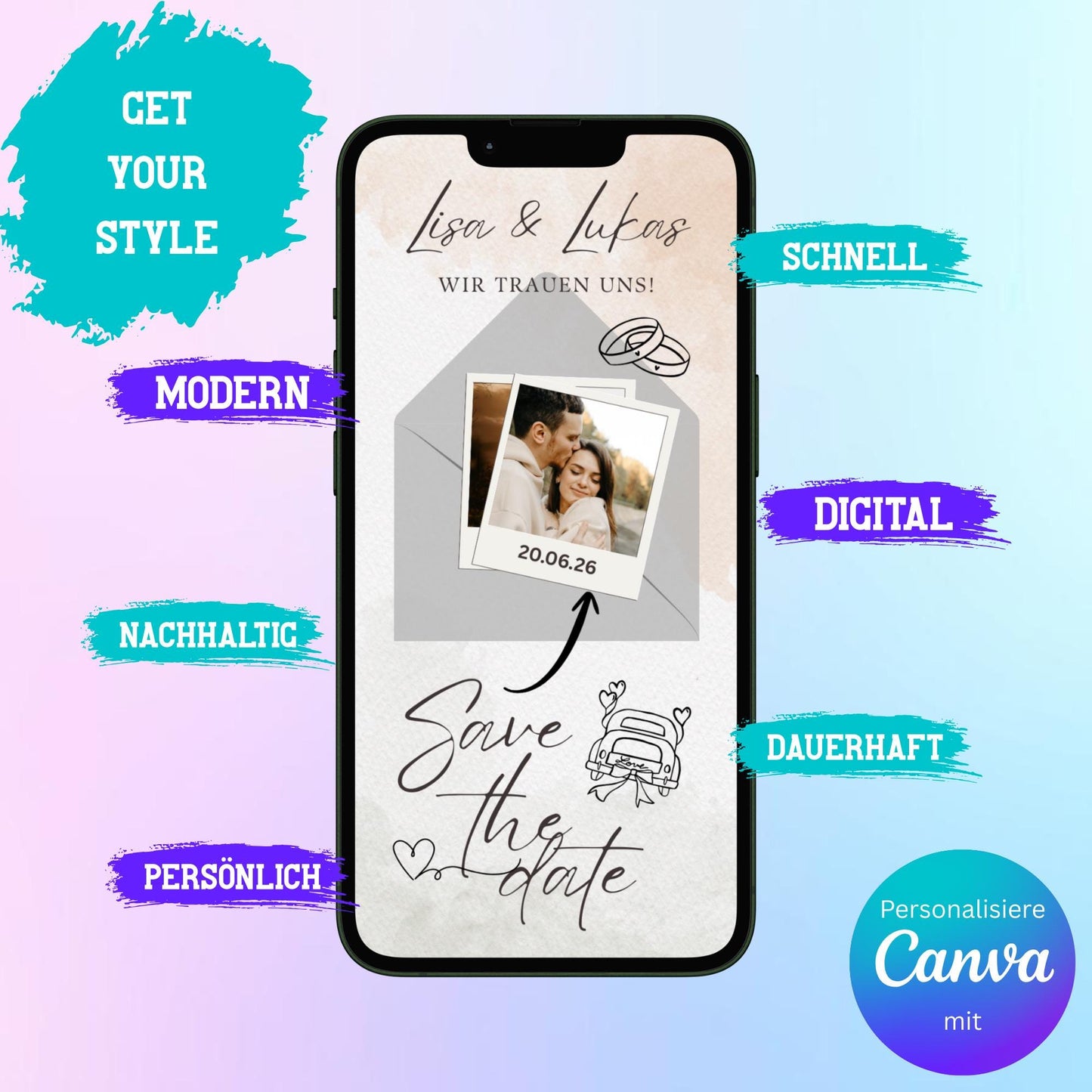 Digitale Save-the-date zur Hochzeit | Personalisierbare Einladung | Verschicke per E-Mail, WhatsApp, etc.