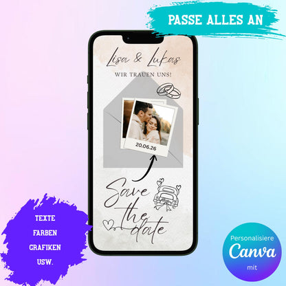 Digitale Save-the-date zur Hochzeit | Personalisierbare Einladung | Verschicke per E-Mail, WhatsApp, etc.