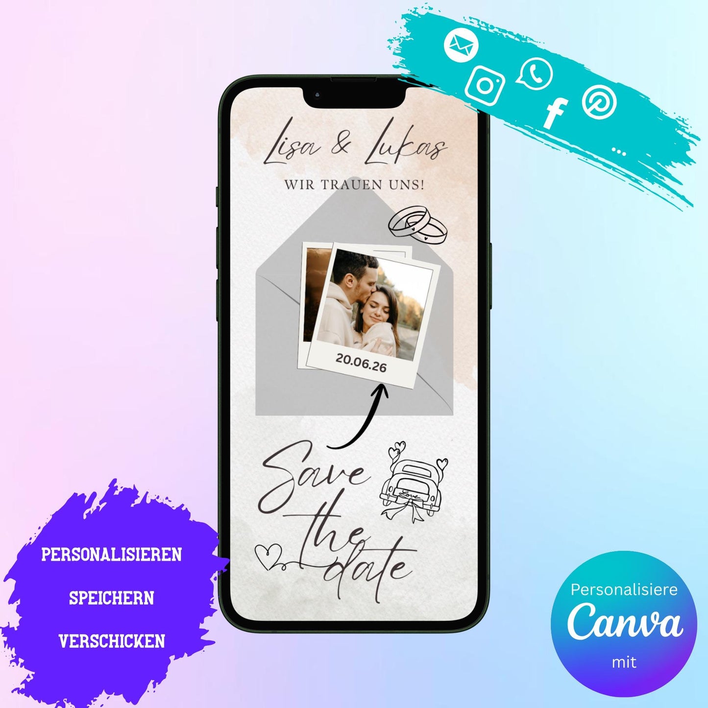 Digitale Save-the-date zur Hochzeit | Personalisierbare Einladung | Verschicke per E-Mail, WhatsApp, etc.