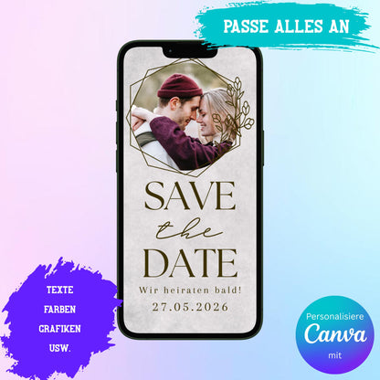 Digitale Save-the-date zur Hochzeit | Personalisierbare Einladung | Verschicke per E-Mail, WhatsApp, etc.