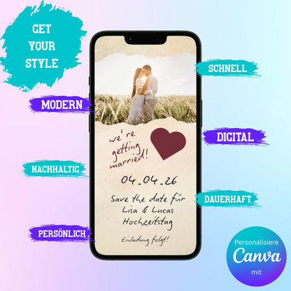 Digitale Save-the-date zur Hochzeit | Personalisierbare Einladung | Verschicke per E-Mail, WhatsApp, etc.