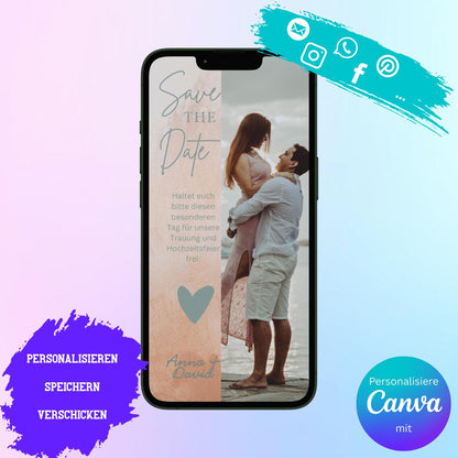 Digitale Save-the-date zur Hochzeit | Personalisierbare Einladung | Verschicke per E-Mail, WhatsApp, etc.