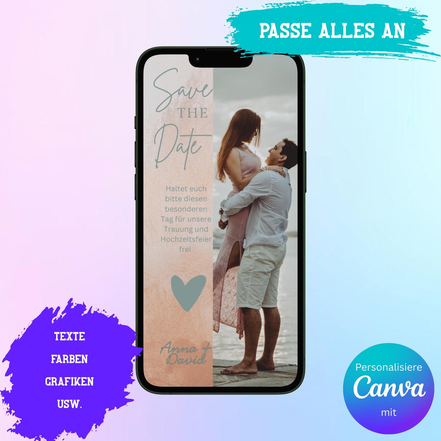Digitale Save-the-date zur Hochzeit | Personalisierbare Einladung | Verschicke per E-Mail, WhatsApp, etc.