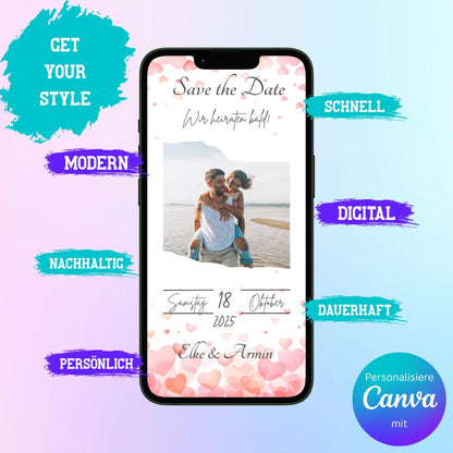 Digitale Save-the-date zur Hochzeit | Personalisierbare Einladung | Verschicke per E-Mail, WhatsApp, etc.