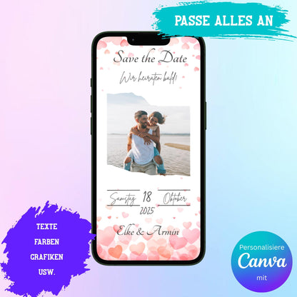 Digitale Save-the-date zur Hochzeit | Personalisierbare Einladung | Verschicke per E-Mail, WhatsApp, etc.