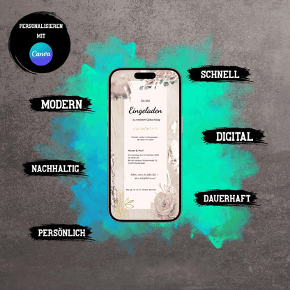 Digitale Einladung zum Geburtstag | Personalisierbare Einladung | Verschicke per E-Mail, WhatsApp, etc.