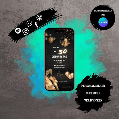 Digitale Einladung zum Geburtstag | Personalisierbare Einladung | Verschicke per E-Mail, WhatsApp, etc.