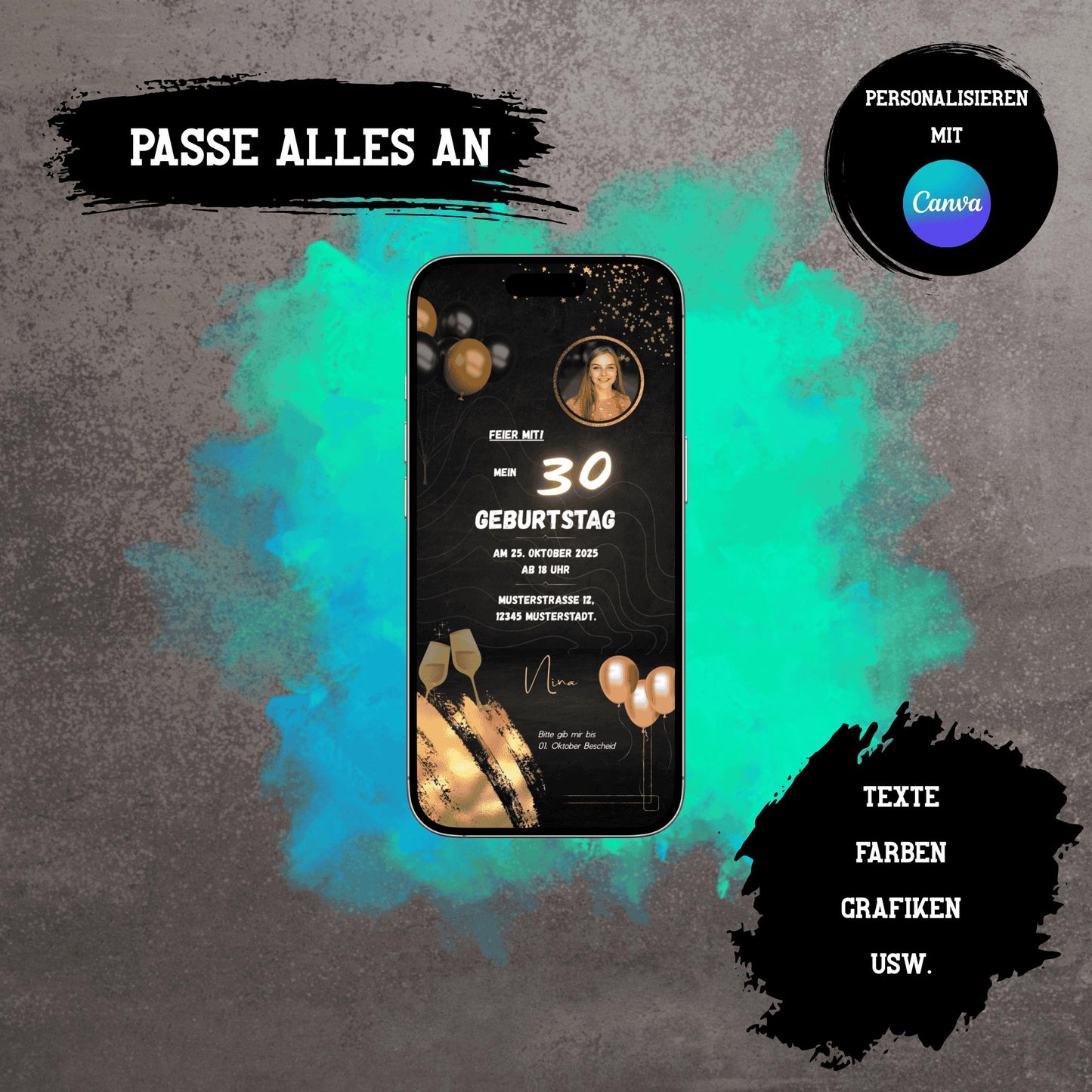 Digitale Einladung zum Geburtstag | Personalisierbare Einladung | Verschicke per E-Mail, WhatsApp, etc.