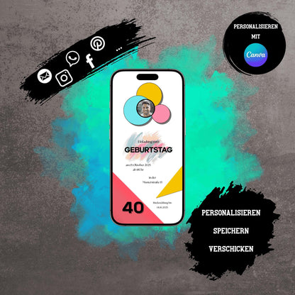 Digitale Einladung zum Geburtstag | Personalisierbare Einladung | Verschicke per E-Mail, WhatsApp, etc.