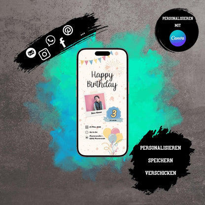 Digitale Einladung zum Kindergeburtstag | Personalisierbare Einladung | Verschicke per E-Mail, WhatsApp, etc.