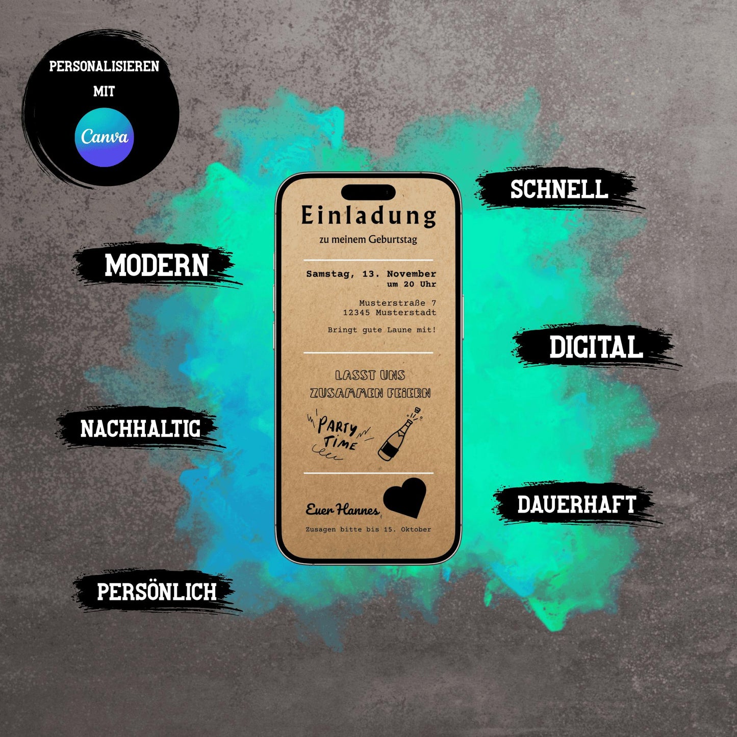 Digitale Einladung zum Geburtstag | Personalisierbare Einladung | Verschicke per E-Mail, WhatsApp, etc.