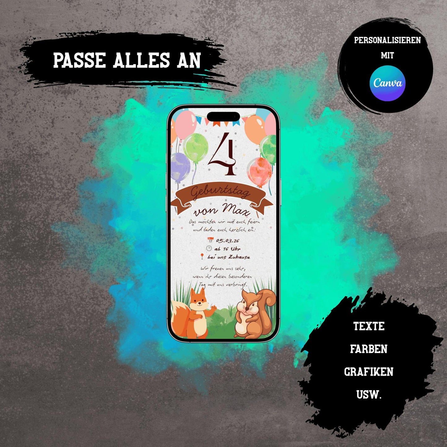 Digitale Einladung zum Kindergeburtstag | Personalisierbare Einladung | Verschicke per E-Mail, WhatsApp, etc.