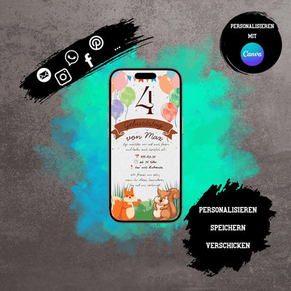 Digitale Einladung zum Kindergeburtstag | Personalisierbare Einladung | Verschicke per E-Mail, WhatsApp, etc.