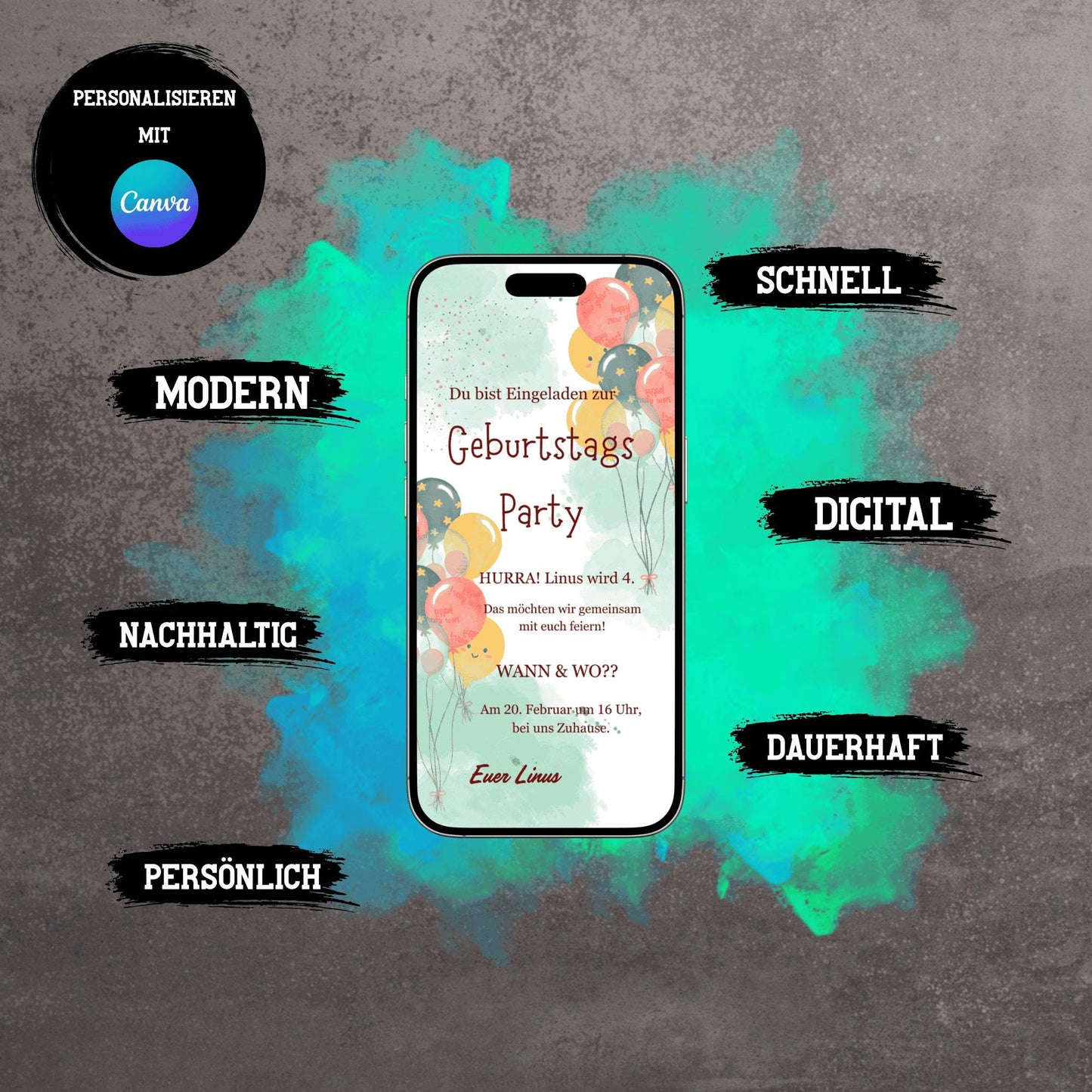 Digitale Einladung zum Kindergeburtstag | Personalisierbare Einladung | Verschicke per E-Mail, WhatsApp, etc.