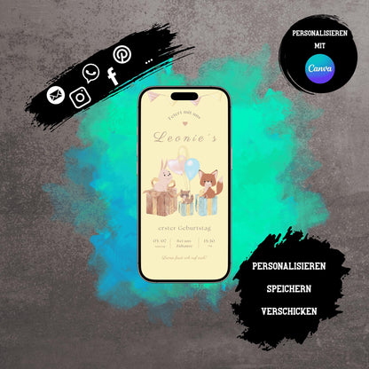 Digitale Einladung zum Kindergeburtstag | Personalisierbare Einladung | Verschicke per E-Mail, WhatsApp, etc.