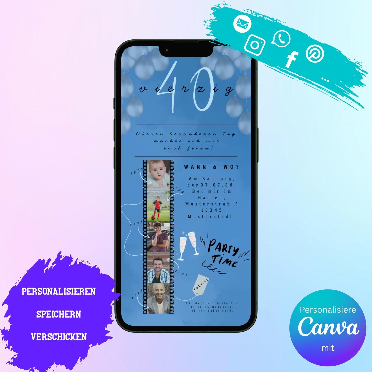 Digitale Einladung zum Geburtstag Video | Personalisierbare Einladung | Verschicke per E-Mail, WhatsApp, etc.