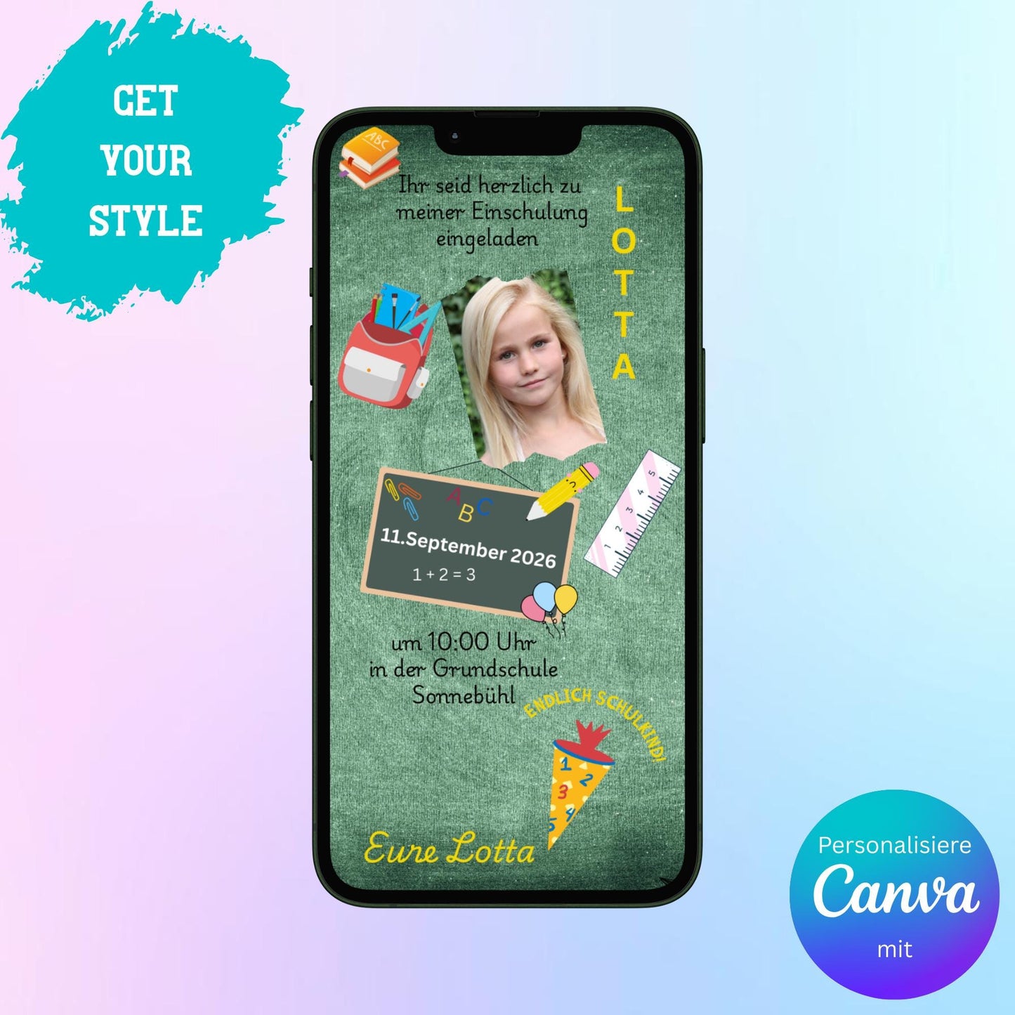 Digitale Einladung zur Einschulung Video | Personalisierbare Einladung | Verschicke per E-Mail, WhatsApp, etc.