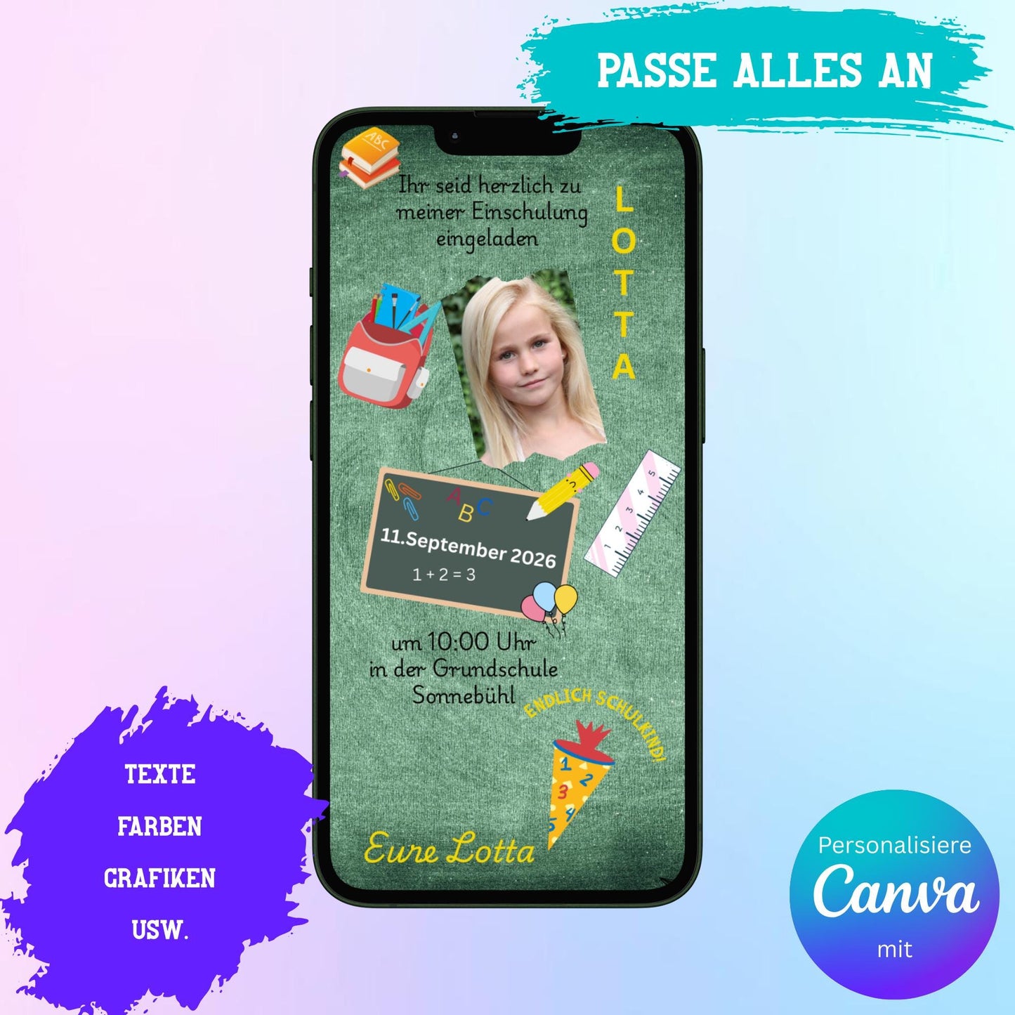 Digitale Einladung zur Einschulung Video | Personalisierbare Einladung | Verschicke per E-Mail, WhatsApp, etc.