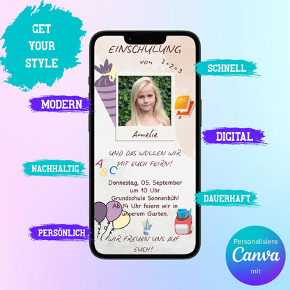 Digitale Einladung zur Einschulung Video | Personalisierbare Einladung | Verschicke per E-Mail, WhatsApp, etc.