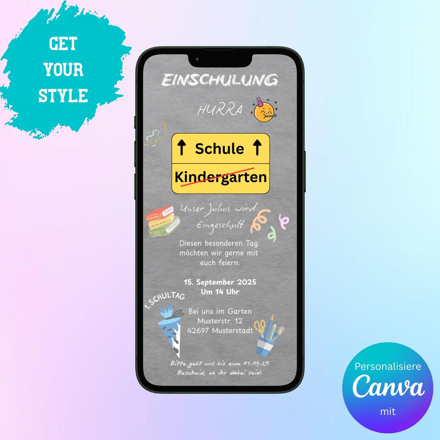 Digitale Einladung zur Einschulung Video | Personalisierbare Einladung | Verschicke per E-Mail, WhatsApp, etc.