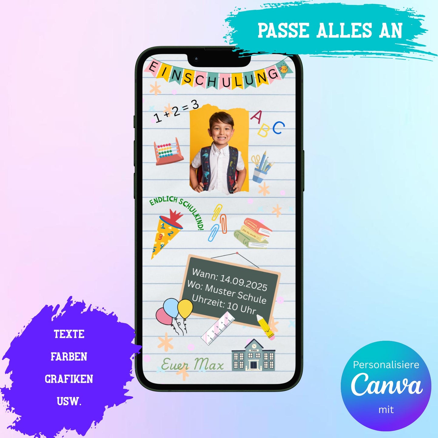 Digitale Einladung zur Einschulung Video | Personalisierbare Einladung | Verschicke per E-Mail, WhatsApp, etc.