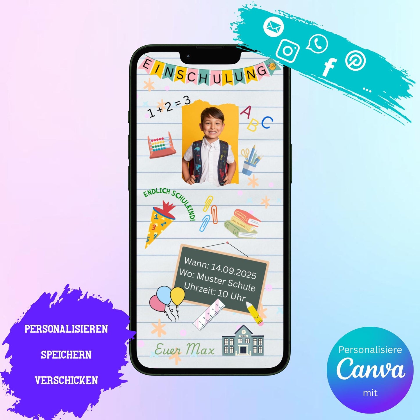 Digitale Einladung zur Einschulung Video | Personalisierbare Einladung | Verschicke per E-Mail, WhatsApp, etc.