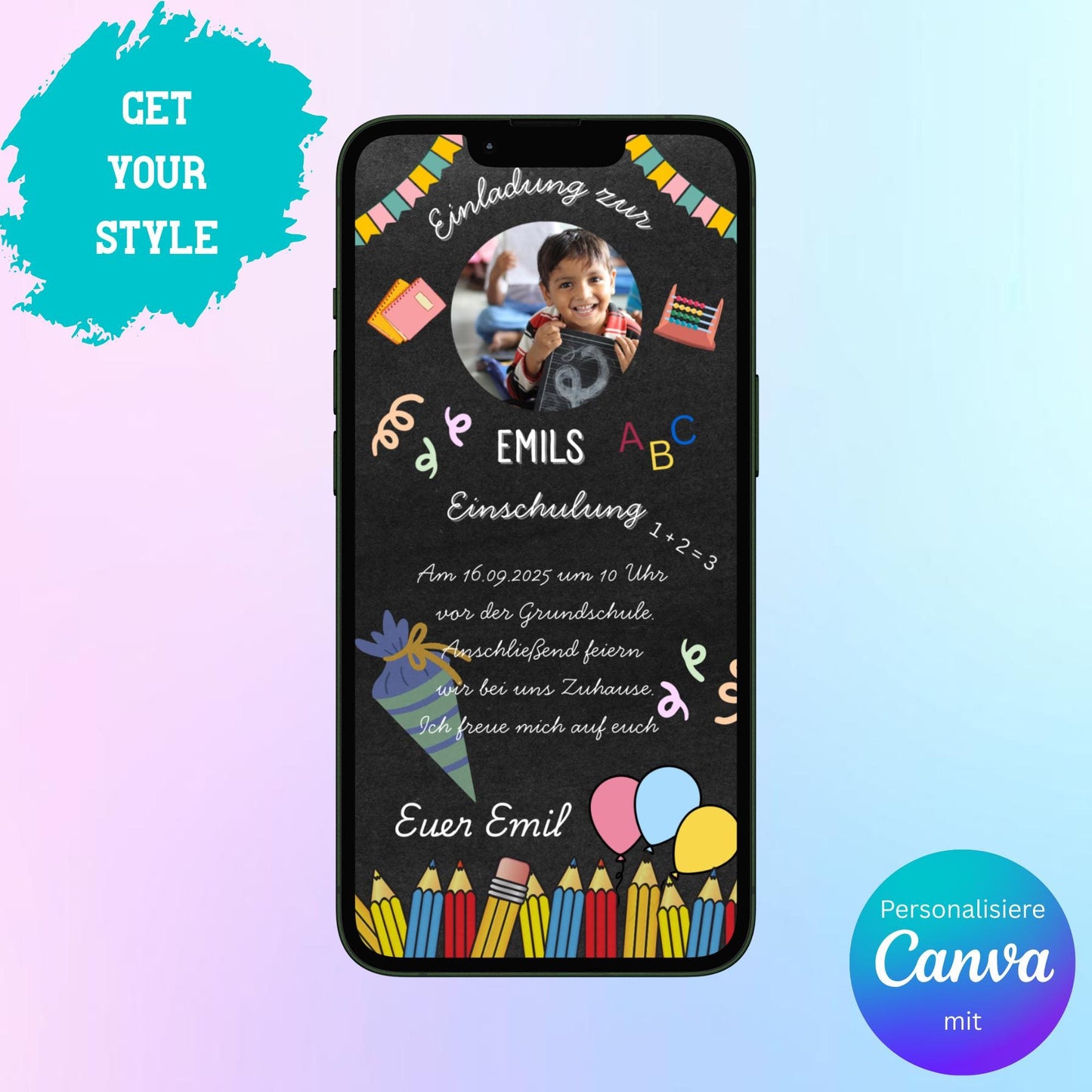 Digitale Einladung zur Einschulung Video | Personalisierbare Einladung | Verschicke per E-Mail, WhatsApp, etc.