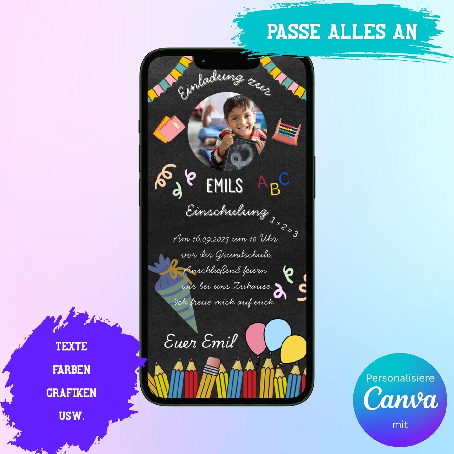 Digitale Einladung zur Einschulung Video | Personalisierbare Einladung | Verschicke per E-Mail, WhatsApp, etc.
