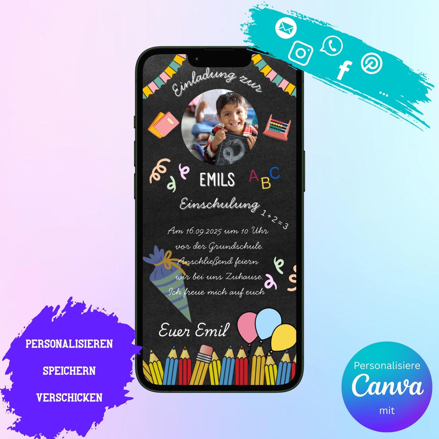 Digitale Einladung zur Einschulung Video | Personalisierbare Einladung | Verschicke per E-Mail, WhatsApp, etc.