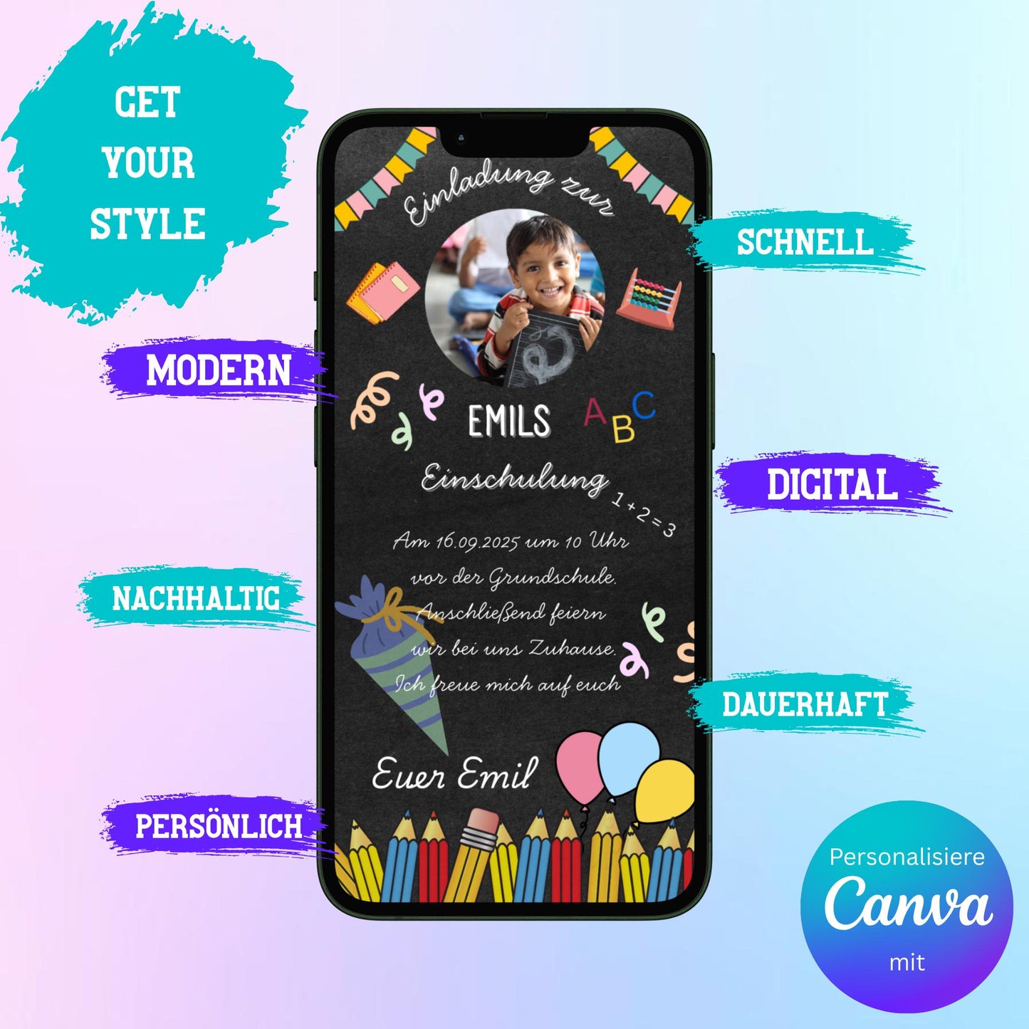 Digitale Einladung zur Einschulung Video | Personalisierbare Einladung | Verschicke per E-Mail, WhatsApp, etc.