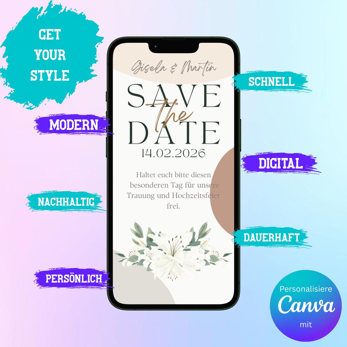 Digitale Save-the-date zur Hochzeit | Personalisierbare Einladung | Verschicke per E-Mail, WhatsApp, etc.