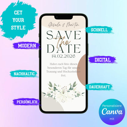 Digitale Save-the-date zur Hochzeit | Personalisierbare Einladung | Verschicke per E-Mail, WhatsApp, etc.