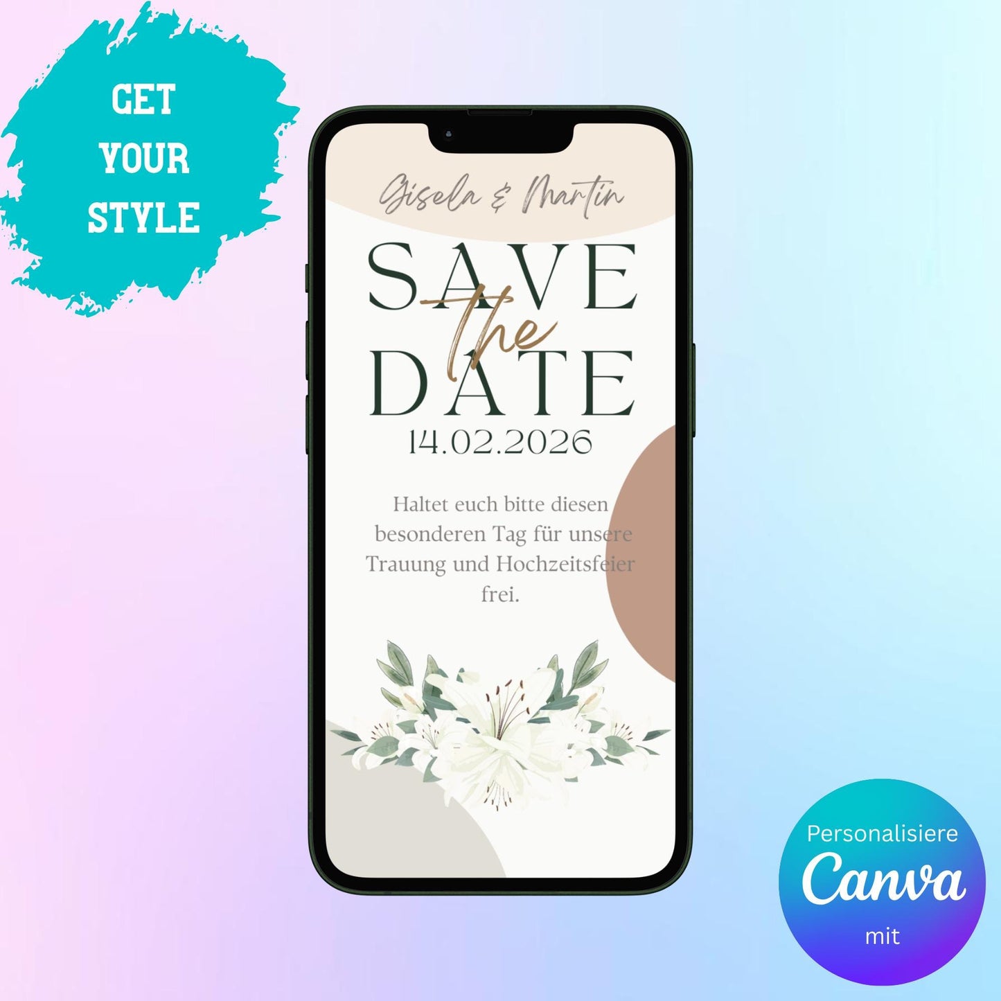 Digitale Save-the-date zur Hochzeit | Personalisierbare Einladung | Verschicke per E-Mail, WhatsApp, etc.